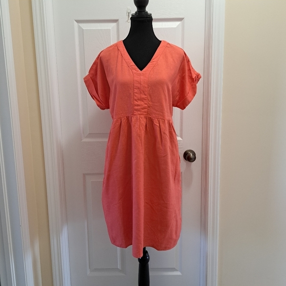 NWT Briggs New York Coral Linen Dress Small V-neck Short Sleeved - Picture 5 of 16